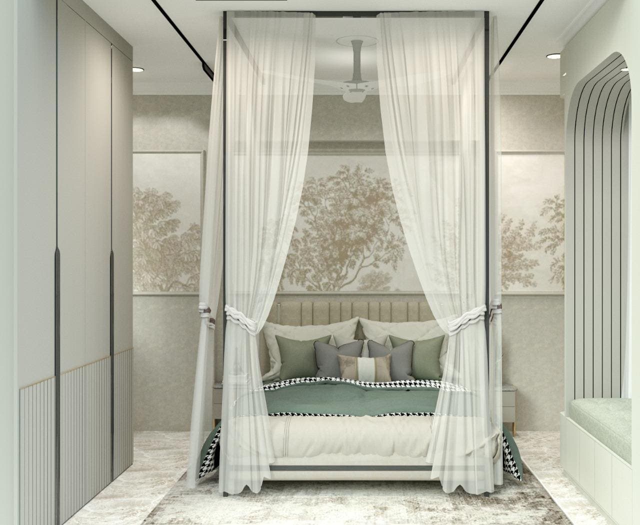 Full-height bedroom wardrobe with integrated lighting and internal drawers