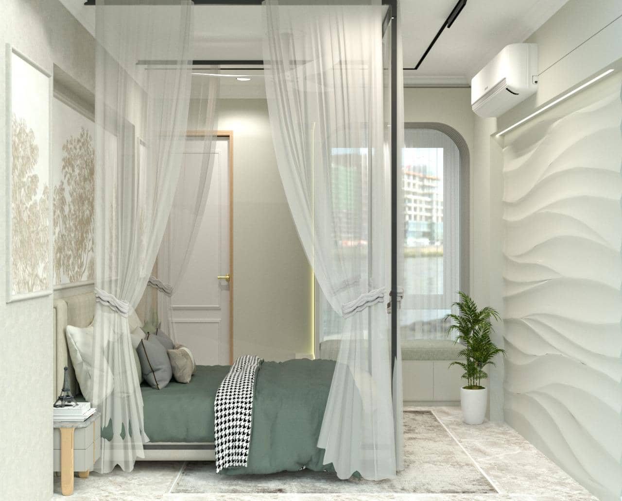 Luxury bedroom featuring four-poster canopy bed with white curtains